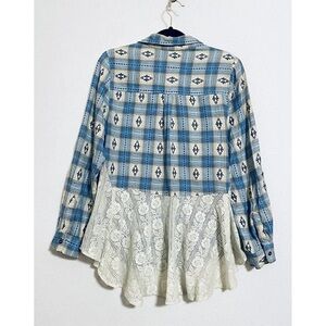 VTG 90s Angie Women S Southwestern Button Up Top Lace Peplum Blue Plaid Boho